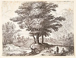Tre træer, t.h. en hyrde med sine får og en siddende pige by Lucas van Uden