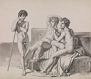 Tre unge nøgne drenge stående eller siddende mellem stenblokke. by C.W. Eckersberg