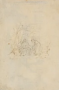 Tre voksne og to børn på en bænk ved et træ by Wilhelm Marstrand