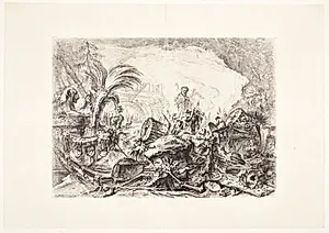 Triumfbuen. Dekorativ capriccio med ruiner af arkitektur i forgrunden, medaljoner, en sphinx og en palme til venstre og en monumental triumfbue i baggrunden by Giovanni Battista Piranesi