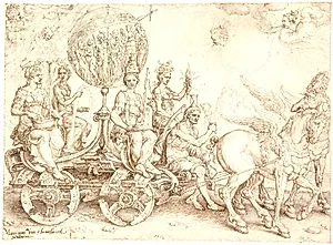 Triumfvogn. Mundus (verden). (En allegori på de fire elementer) by Maarten van Heemskerck