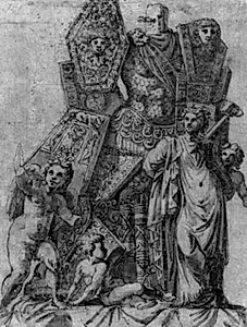 Trofæ med tre putti og en kvindefigur by Ubekendt