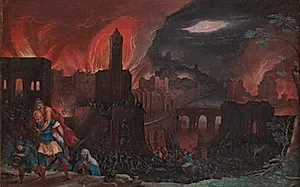 Trojas brand. En flod gennemskærer den brændende by. T. h. i forgrunden Æneas, bærende sin fader Anchises, ved siden sønnen Ascanius; bagefter følger andet flygtende folk. by Friedrich Brentel