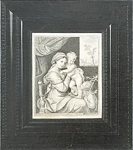 Trompe l'oeil af et indrammet kobberstik af Maria med Barnet by Franz de Hamilton
