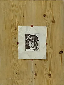 Trompe l´oeil. Bræddevæg med en radering af en bager, der blæser i sit horn. by H. Drost