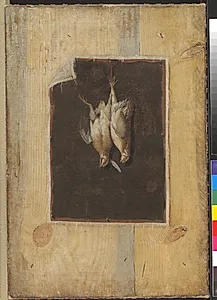 Trompe l'oeil. Bræddevæg med stilleben af to døde fugle ophængt på en væg