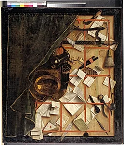 Trompe l'oeil. Brevvæg med bartskær-instrumenter