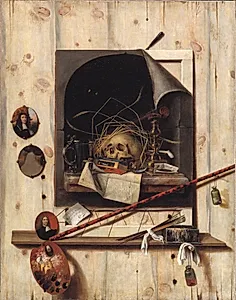 Trompe l'oeil med ateliervæg og vanitas-stilleben