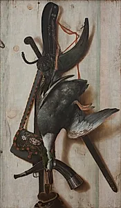Trompe l'oeil med død and og jagtredskaber by Cornelius Norbertus Gijsbrechts