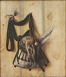 Trompe l'oeil med falkonértaske og andet udstyr til falkejagt by Cornelius Norbertus Gijsbrechts