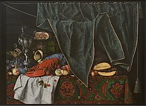 Trompe l'oeil med måltidsstykke med pragtkar