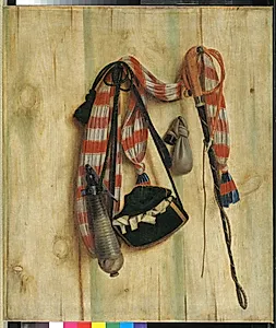 Trompe l'oeil med ridepisk og brevtaske