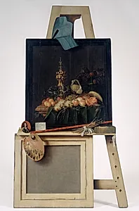 Trompe l'oeil-staffeli med frugtstykke. Udskåret i træ