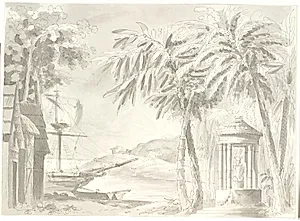 Tropisk kystlandskab med palmer, skib og lille tempel (Buddha?)