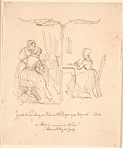 Tvedelt fremstilling med t.v. to brevlæsende damer, t.h. en brevskrivende dame by Johan Thomas Lundbye