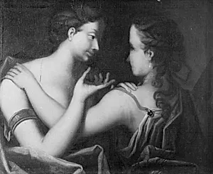 Tvende fruentimmere, halve figurer, conversere by Jacob d' Agar
