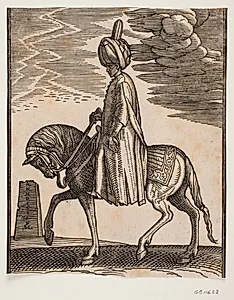 Ubevæbnet rytter med turban, profil t.v.; i baggrunden t.v. en obelisk i ruiner by Melchior Lorck