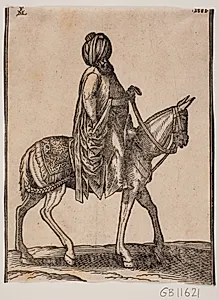 Ubevæbnet, velnæret, ældre rytter med turban; profil t.h. by Melchior Lorck