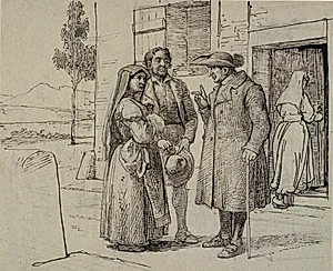 Uden for et hus formaner en præst et ungt ægtepar by Wilhelm Marstrand