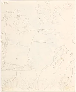 Udkast bl.a. kampscene, ansigter i profil og en frise af figurer by Lorenz Frølich