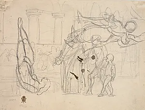 Udkast med samme emne som recto (samt model og figurstudier). Lignelsen om den store nadver by Wilhelm Marstrand