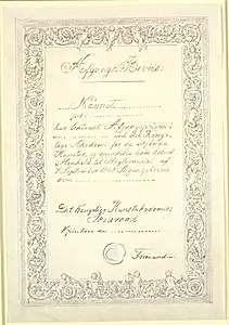 Udkast til Afgangsbevis fra Kunstakademiet 1865 by Constantin Hansen