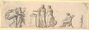 Udkast til dekoration af et felt, formodentlig en malet træplade på et møbel. Antikke figurer med blomsterkurve og neg ved et alter by Nicolai Abildgaard