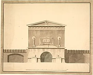 Udkast til det Gandilske gravmæle, på Assistens kirkegård. Facaden med sarkofag, hvorpå relief med mand, kvinde og 3 børn by Hornbech, Christian