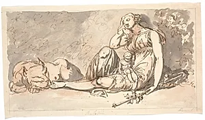 Udkast til dørstykke. Søvnen, en liggende kvindefigur med et lille barn og ved hendes højre side en løve by Nicolai Abildgaard