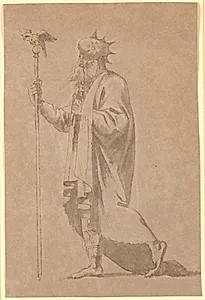 Udkast til en mandsdragt. Han bærer en lang stav med en fugl på toppen by Nicolai Abildgaard