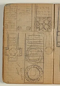 Udkast til Ester Balles gravmæle, med notater by Niels Larsen Stevns