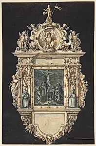 Udkast til et epitafium med Kristi korsfæstelse. En rigt ornamenteret ramme med talrige figurer by Hieronymus Wierix