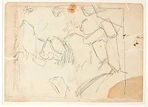 Udkast til et landskab, tre dansende figurer antydet by Edvard Weie
