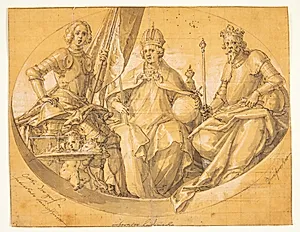 Udkast til et ovalt loftsmaleri(?) forestillende kongerne Otto den Store (912-973), Ludvig den Rige (1417-1479) og Ruprecht (1352-1410)