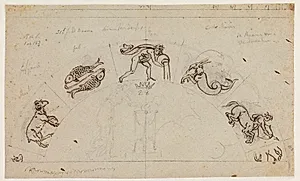 Udkast til et relief af et halvrundt felt; i midten en kvinde ofrende ved en trefod, udenom ses nogle af vendekredsens tegn by Nicolai Abildgaard