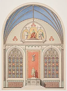 Udkast til hvælvingens dekoration i Christian IV's kapel i Roskilde Domkirke. Udsmykning i midten med statue af Christian IV