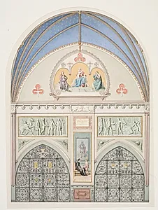 Udkast til hvælvingens dekoration i Christian IV's kapel i Roskilde Domkirke. I midten Christian IV som barn. Herover to friser med scener fra kongens liv