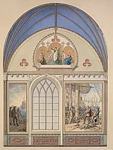 Udkast til hvælvingens dekoration i Christian IV's kapel i Roskilde Domkirke. Udsmykning t.h. med Chr. IV på Trefoldigheden