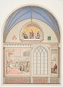 Udkast til hvælvingens dekoration i Christian IV's kapel i Roskilde Domkirke. Udsmykning t.v. med Chr. IV som dommer