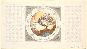 Udkast til loftsdekoration med kassetter og i midten et cirkelrundt billede med morgenen der udstrør blomster by Nicolai Abildgaard