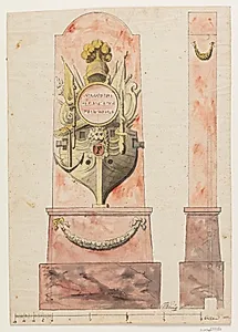 Udkast til monument med skibssnabel-dekoration med et stort "F" by Willerup, F.C.