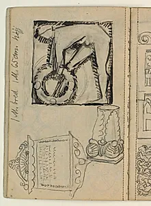 Udkast til Poul S. Christiansens gravmæle, studier af gravmæler, måleangivelser by Niels Larsen Stevns