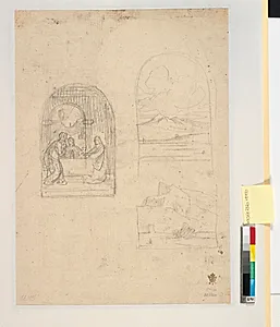 Udkast til samme motiv som recto (Kristus i Emmaus) og til klippelandskab by Wilhelm Marstrand