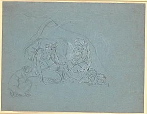 Udkast til scene i Apuleus' "Det gyldne æsel" 4.bog. Røverbandens husholderske fortæller den unge pige myten om Amor og Psyke by Nicolai Abildgaard