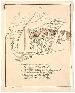 Udkast til sidste illustration med englebørnene i båden by Joakim Skovgaard