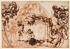 Udkast til udsmykning af en hvælvkappe flankeret af tre mascheroni by Annibale Carracci