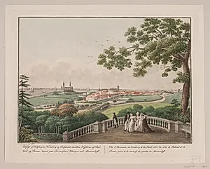 Udsigt af Helsingør, Kronborg og Øresundet imellem kysterne af Sjælland og Skåne. Tegnet på terrassen i hangen ved Marienlyst by Søren L. Lange