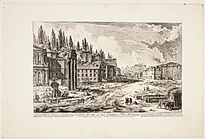 Udsigt Forum Romanum, med templet for Castor og Pollux i forgrunden og Avertiner-højen i det fjerne by Giovanni Battista Piranesi