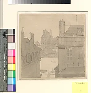 Udsigt fra Eckersbergs bolig i Hôtel d'Irlande, Rue de Beaune nr. 3, over Seinen mod (Louvre, Pavillon de Flore) Tuillerierne og Rue de Rivoli by C.W. Eckersberg