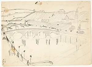 Udsigt fra et vindue ved Lungarnoen over floden mod Santo Spirito og San Miniatohøjderne, Firenze by Edvard Weie